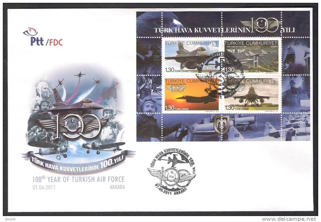 2011 TURKEY 100th Years Of Turkish Air Force, Aircrafts, Ms On FDC - FDC