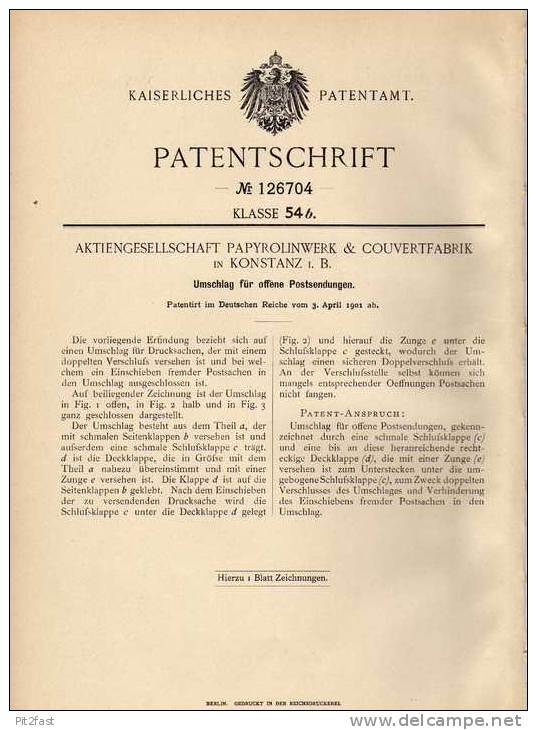 Original Patentschrift - Couvertfabrik In Konstanz , 1901 , Umschlag Für Post , Buerau !!! - Other & Unclassified