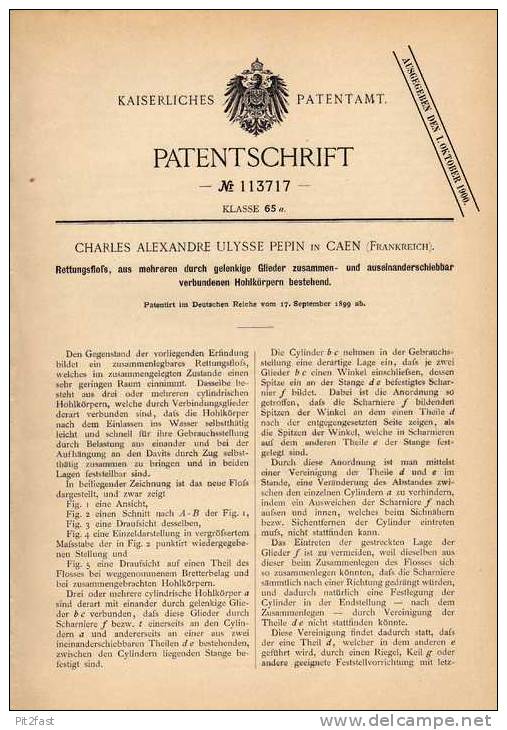 Original Patentschrift - C. Pepin In Caen , 1899 , Floß , Rettungsfloß , Boot !!! - Other & Unclassified
