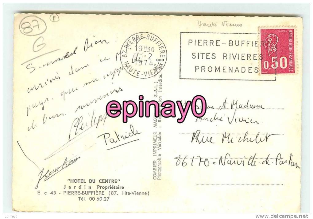 B - 87 - PIERRE BUFFIERE - Hotel Du Centre - Pharmacie - édit. Combier - - Pierre Buffiere