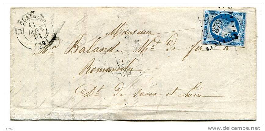 Petits Chiffres 879 /  N° 14 + Cachet 15 LA CLAYETTE (70) Saône Et Loire Sur Lettre Pour Romanèche 1861 - 1849-1876: Période Classique