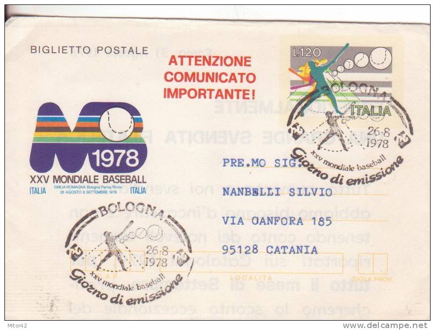 2-Sports-Baseball-Italia-Italy-1978-Annullo  Speciale- Special Stamp:First Day Of Issue. - Baseball