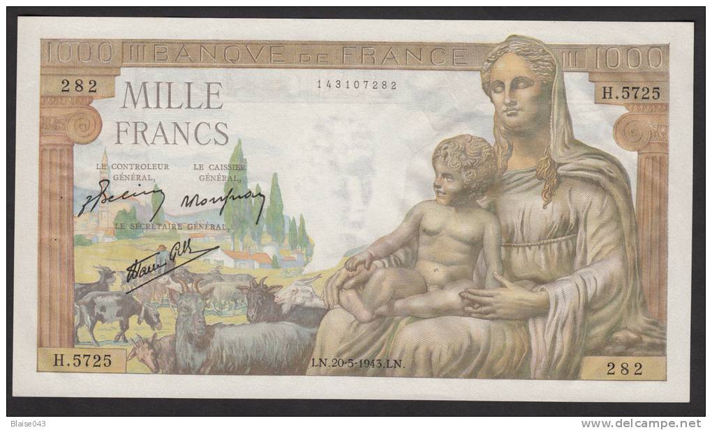 1000 Francs Déesse Déméter Type 1942 Du 20-5-1943 En SPL - Voir Descriptif - 1 000 F 1942-1943 ''Déesse Déméter''