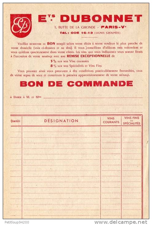 DOCUMENTS COMMERCIAUX DUBONNET *Affichette *Bon De Commande *Enveloppe Commande. 357 - Alimentaire