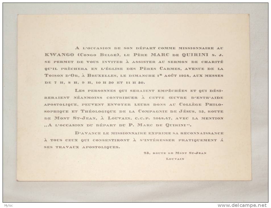 Invitation D´assister Au Sermon De Charité. Départ Du Père Marc De Quirini Comme Missionnaire Au Congo Belge. - Autres & Non Classés