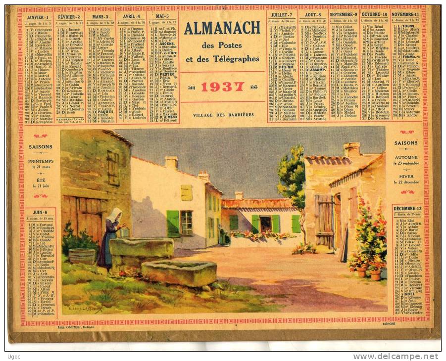 - CALENDRIER 1937 - Village Des BARDIERES - 442 - Grand Format : 1921-40