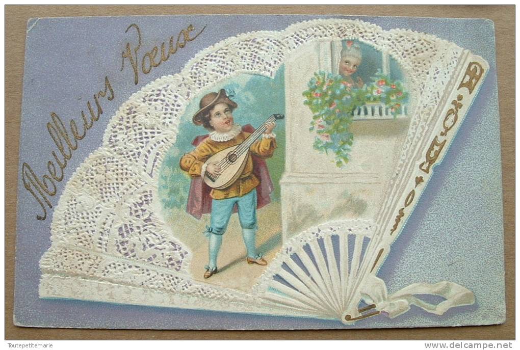 Carte Gauffrée Meilleurs Voeux Eventail Romatique Guitare - Anno Nuovo