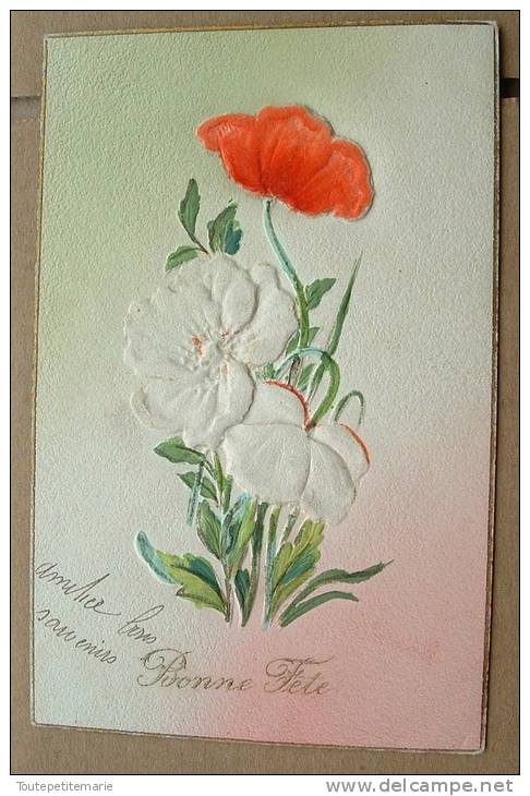 Carte En Relief Bonne Fete - Fleurs Blanches Et Rouge - Autres & Non Classés