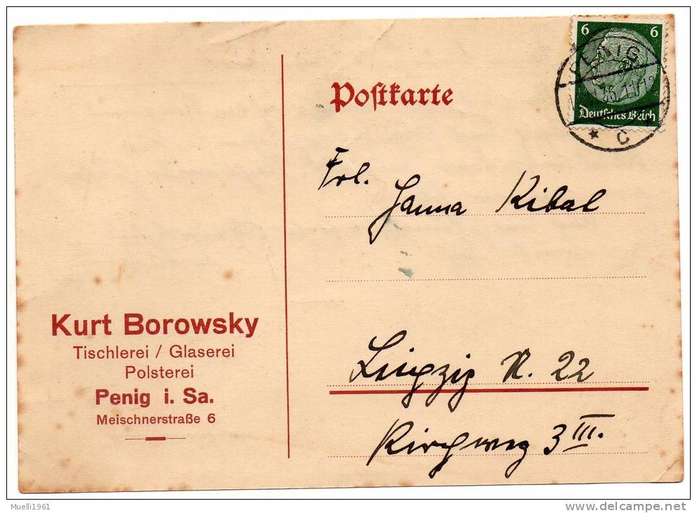 Postkarte Penig In Sachsen Nach Leipzig, 1936 - Sonstige & Ohne Zuordnung