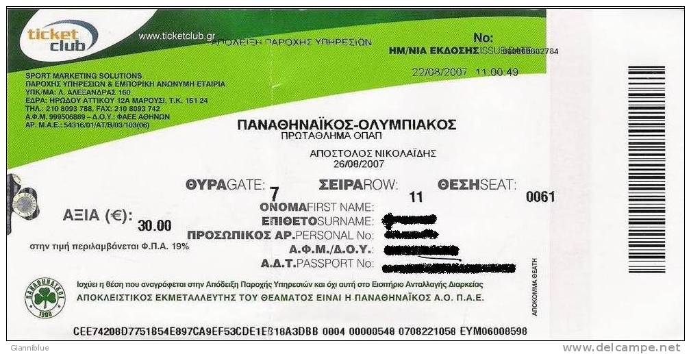 Panathinaikos-Olympiakos Football Greek Championship Match Ticket - Eintrittskarten