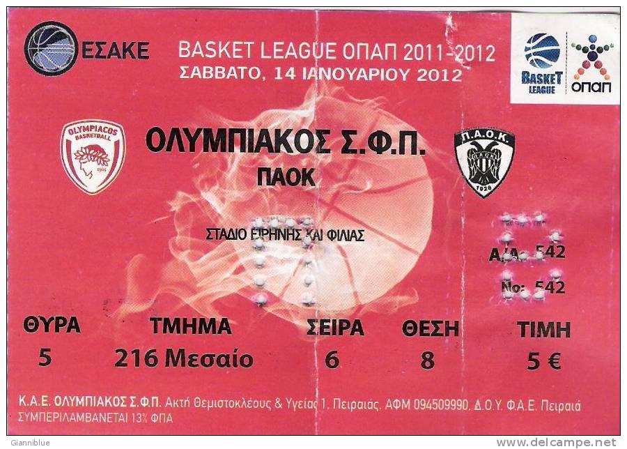 Olympiakos-PAOK Basketball Greek Championship Match Ticket - Tickets D'entrée