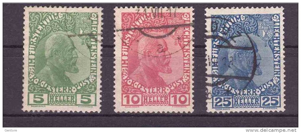 LIECHTENSTEIN 1912  Prince Joannes II (1840-1929)  Michel Cat. N° 1/3 Cpl Set Of 3  Very Fine Used - Gebruikt