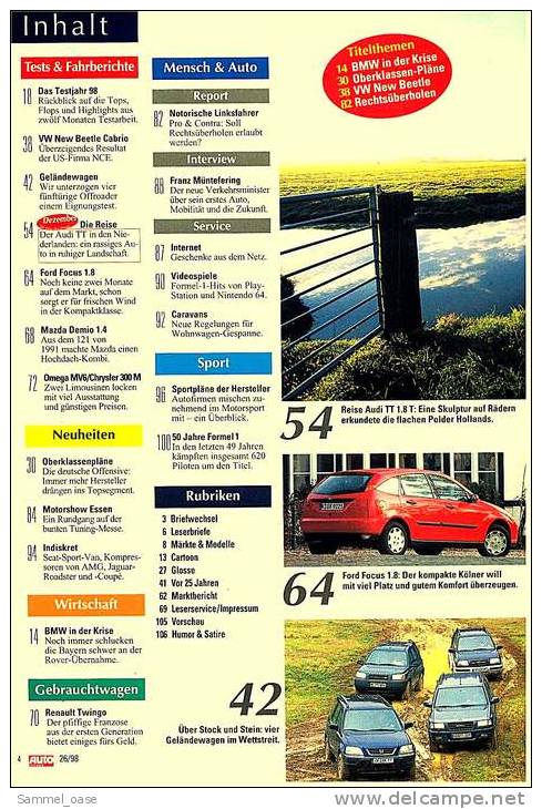 Auto  Zeitung  26 / 1998  Mit :  Test / Fahrberichte : New Beetle , Land Rover Freelander 1.8i  -  Usw. - Automobile & Transport