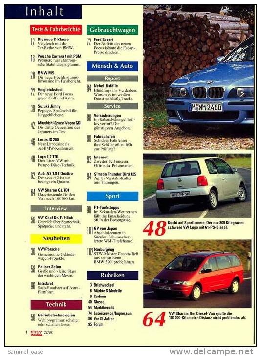 Auto  Zeitung  22 / 1998  Mit :  Test / Fahrberichte : Porsche Carrera 4 , 3-Liter Lupo Von VW -  Usw. - Automobile & Transport