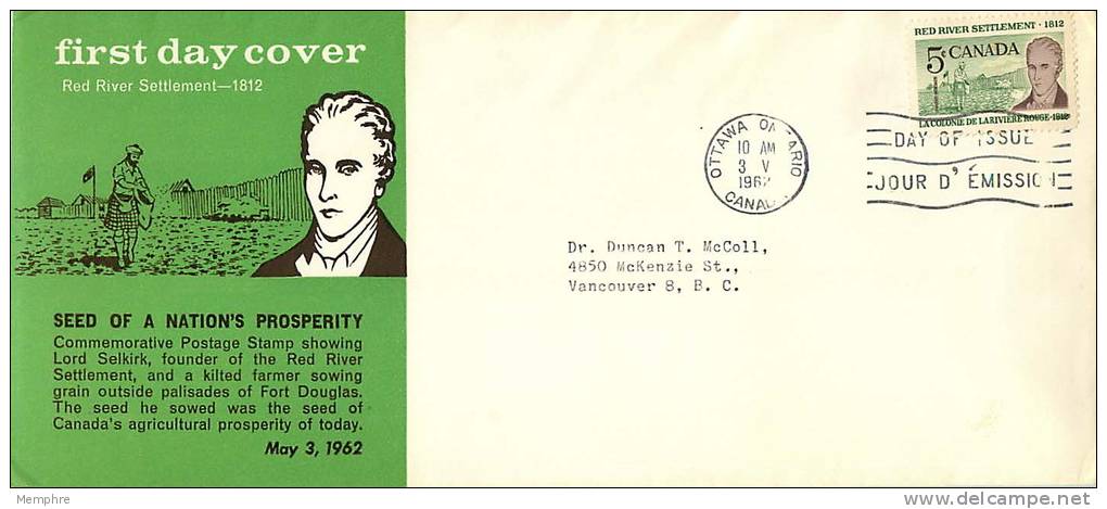 1962  Red River Settlement  Sc 397  Schering  English Text Cachet - 1961-1970