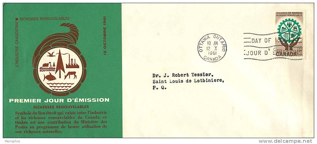 1961  Renewable Resources   Sc 395  Schering  RARE French  Text Cachet - 1961-1970