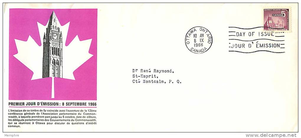 1966   Commonwealth Parliamentary Assn    Sc 450  Schering  RARE French   Text Cachet - 1961-1970