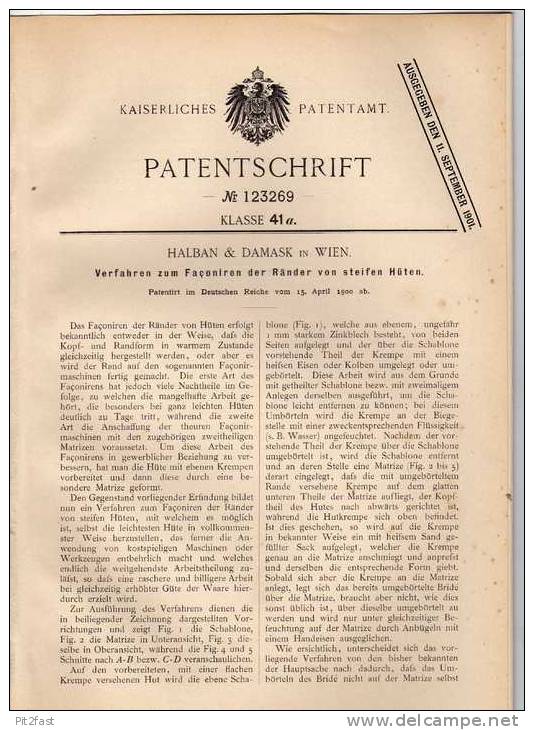 Original Patentschrift - Halban & Damask In Wien , 1900 , Faquonieren Von Steifen Hüten , Hut , Hüte !!! - Hauben, Mützen, Hüte