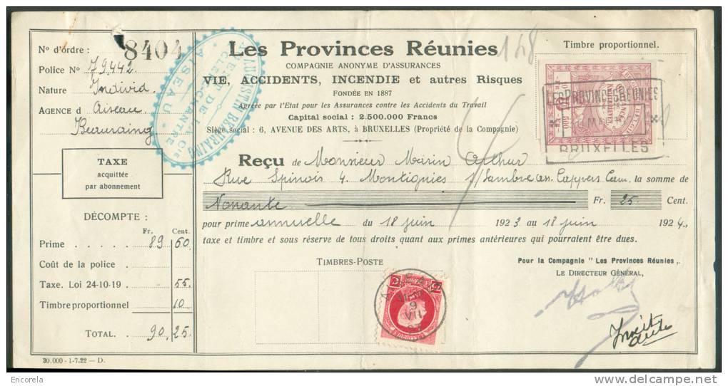 75 Centimes Petit Montenez Obl. Sc AISEAU 6-VII-1923 S/Reçu D´une Somme De 90,25Frs. + Timbre Fiscal De Bruxelles - Assu - 1921-1925 Small Montenez