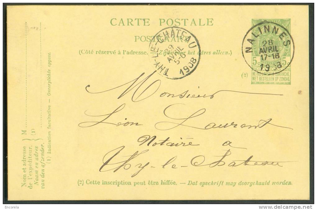 EP Carte 5 Centimes Armoirie Obl. Sc NALINNES 28 Avril 1908 Vers Thy-le-Chateau.  TB Frappes  - 7761 - Tarjetas 1871-1909