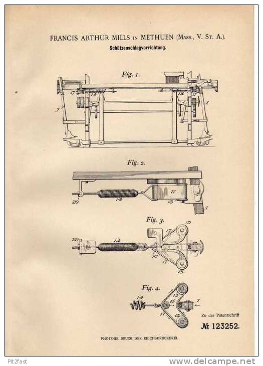 Original Patentschrift - F. Mills In Methuen , 1900 , Schützenschlag - Apparat !!! - Tools