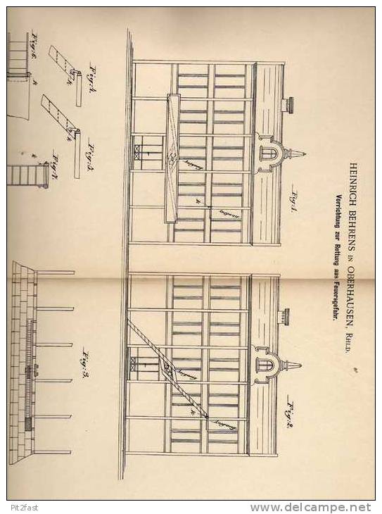 Original Patentschrift - H. Behrens In Oberhausen , Rhld., 1900 , Rettungseinrichtung Für Gebäude , Feuer , Feuerwehr !! - Architecture