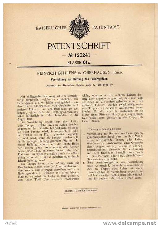 Original Patentschrift - H. Behrens In Oberhausen , Rhld., 1900 , Rettungseinrichtung Für Gebäude , Feuer , Feuerwehr !! - Architecture