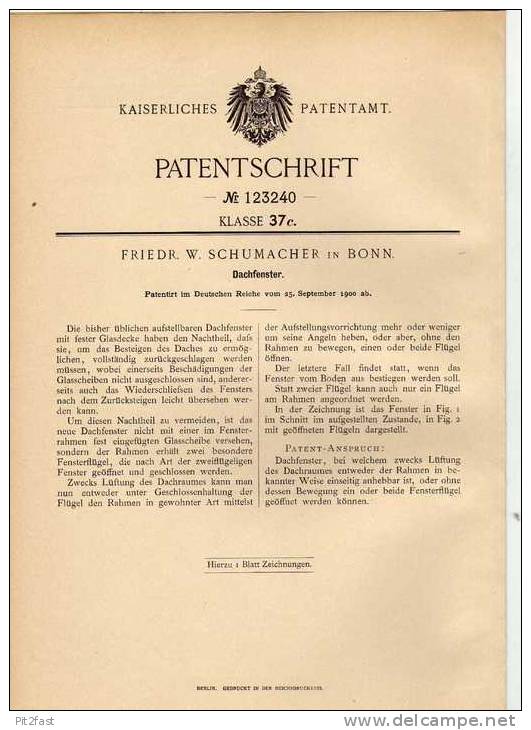 Original Patentschrift - Dachfenster , Dach , 1900 , F. Schumacher In Bonn , Dachdecker , Fenster !!! - Architecture