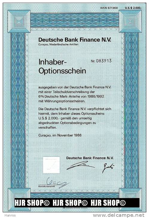 Inhaber-Optionsschein, Curacao, 1986 - Bank & Versicherung