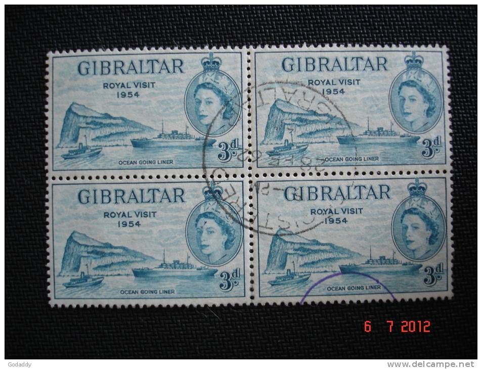 Gibraltar 1954   Q.E II  Royal Visit   3p   SG159 Block Of 4  Used - Gibraltar