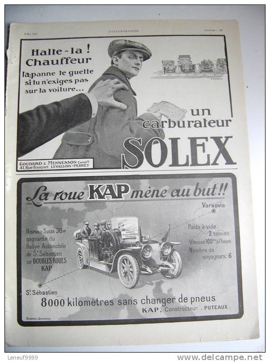 1913 FRENCH AD RARE Publicité Carburateur SOLEX - Roues Pneus KAP Puteaux * - Advertising