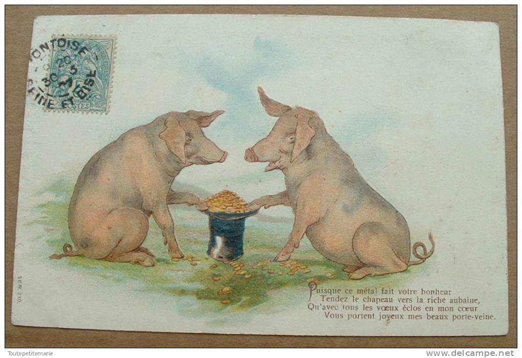 Carte Gauffrée Deux Cochons La Patte Dur Un Seau De Pieces D'or - Cochons