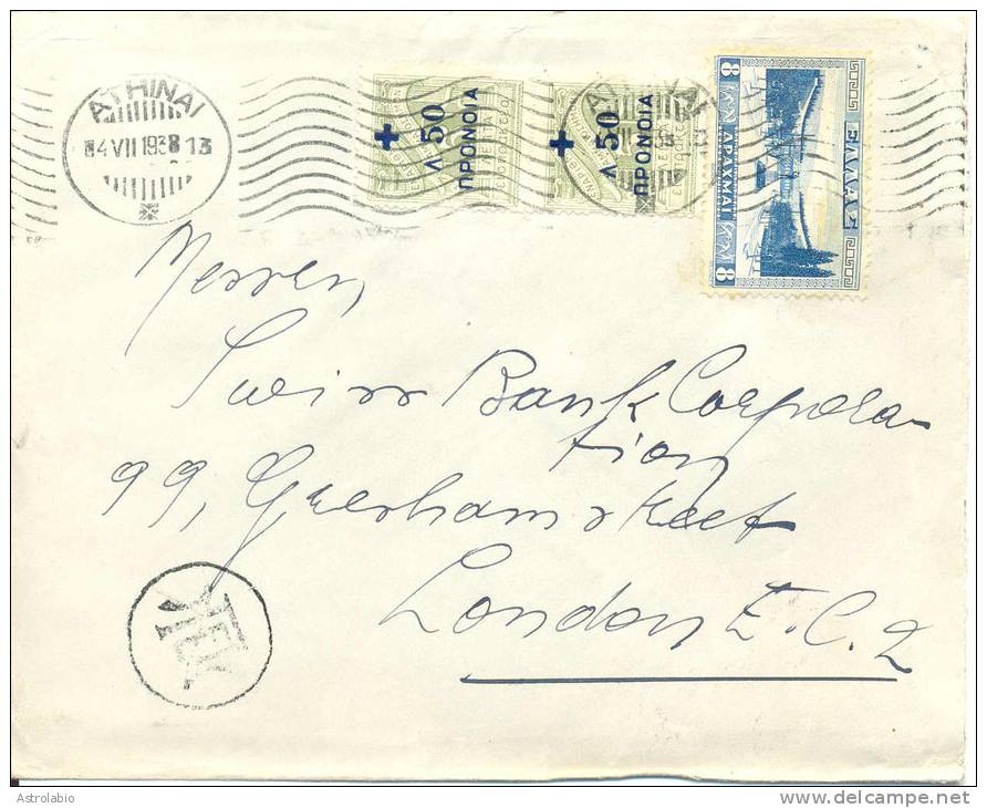 1938 Lettre De Greece Vers London Avec Censure. Cachet Au Dos. Cover - Storia Postale