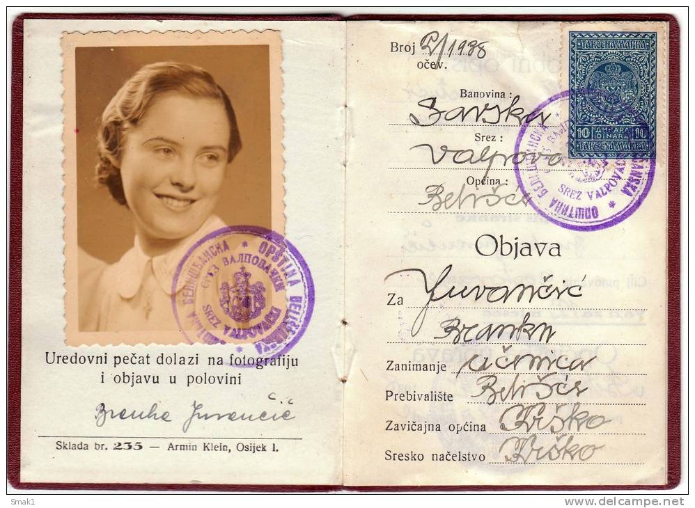 H DOCUMENT IDENTITY CARD NOTICE FOR TRAVEL KINGDOM OF JUGOSLAVIA BELIŠ&#262;E - Historical Documents