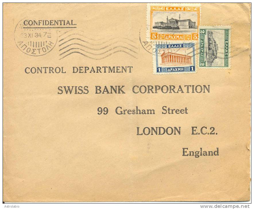 1934 Lettre De Greece Vers London. Cover - Covers & Documents