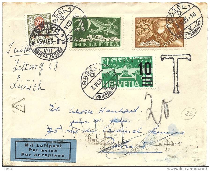 1935 Luftpost Taxbrief Von Zürich Nach Paris Und Zurück Nach Zürich - Portomarken