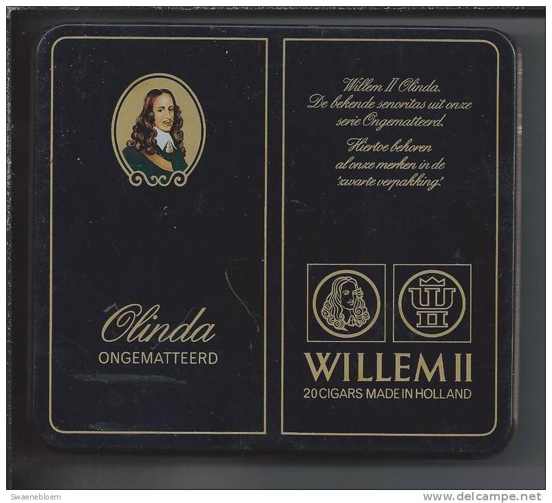 NL.- Sigarenblik - Willem II - Olinda, De Bekende Senoritas. Blik Voor 20 Cigars Made In Holland. Sigarenblik. 2 Scans - Empty Cigar Cabinet