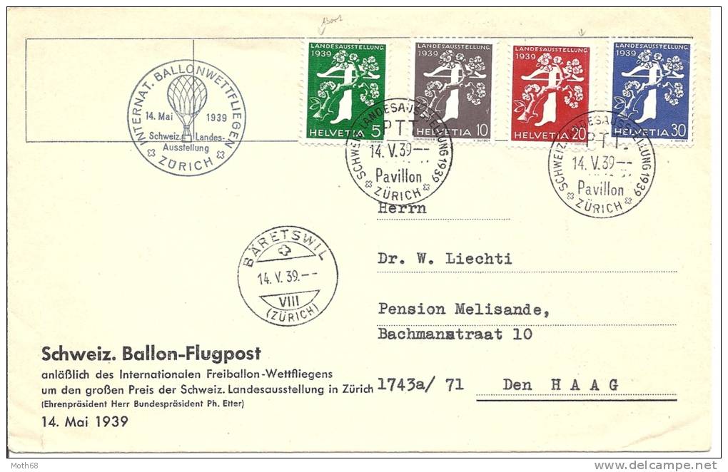 1939 Schweiz. Ballon Flugpost Von Zürich Nach Bäretswil Landimarken Mit Div. Abarten - Erst- U. Sonderflugbriefe