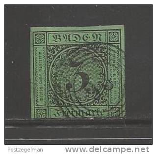 GERMANY -BADEN 1853 Used   Stamp 3 Kreuzer Black On Green Nr. 6 - Used