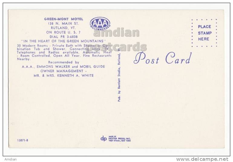 USA RUTLAND VT VERMONT,  GREEN MONT MOTEL - Vintage 1960s Postcard [s2481] - Rutland