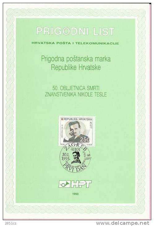 50th ANNIVERSARY OF DEATH SCIENTIST NIKOLA TESLA, Zagreb, 30.1.1993., Croatia, Occasion Card - Elektriciteit