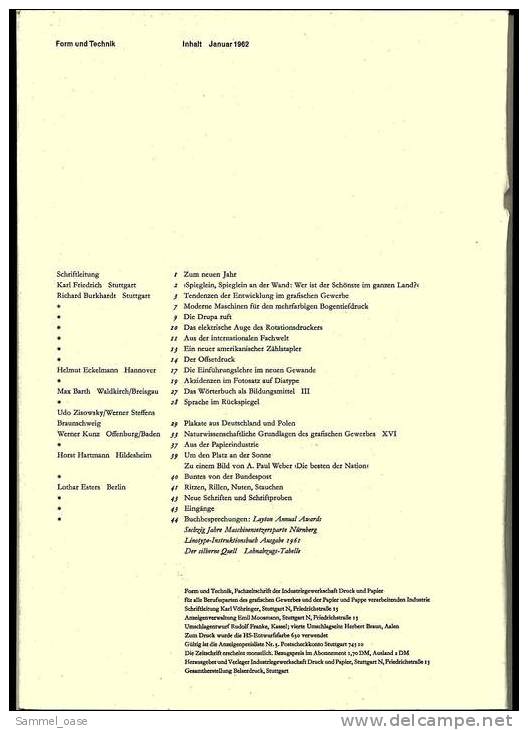 1962 , Form Und Technik - Fachzeitschrift Der Industriegewerkschaft Druck Und Papier - - Autres & Non Classés