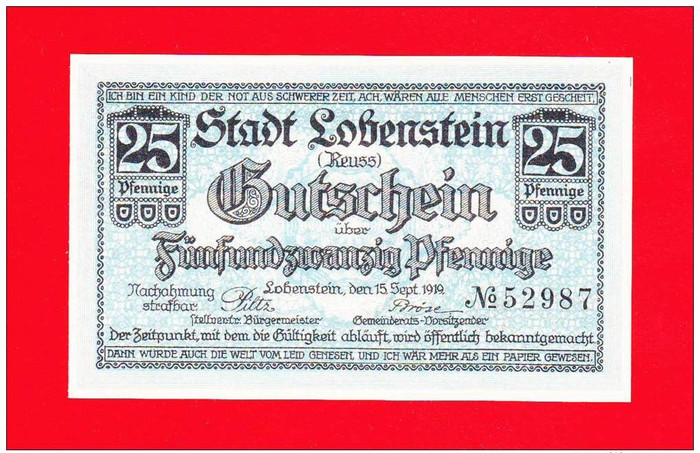 Lobenstein, Thüringen, Notgeld, 25 Pfennig, 1919, Selten - [11] Emissions Locales