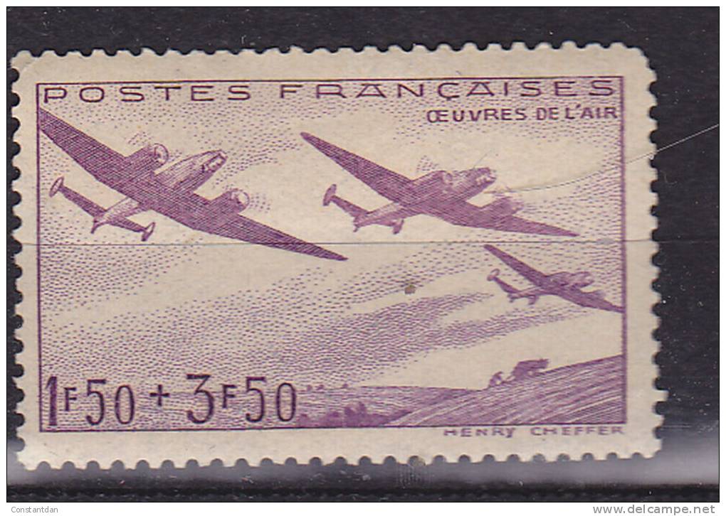 FRANCE N° 540 1F50 + 3F50 VIOLET PALE AU PROFIT DES OEUVRES DE L'AIR NEUF AVEC CHARNIERE DENT MANQUANTE A DROITE - Unused Stamps