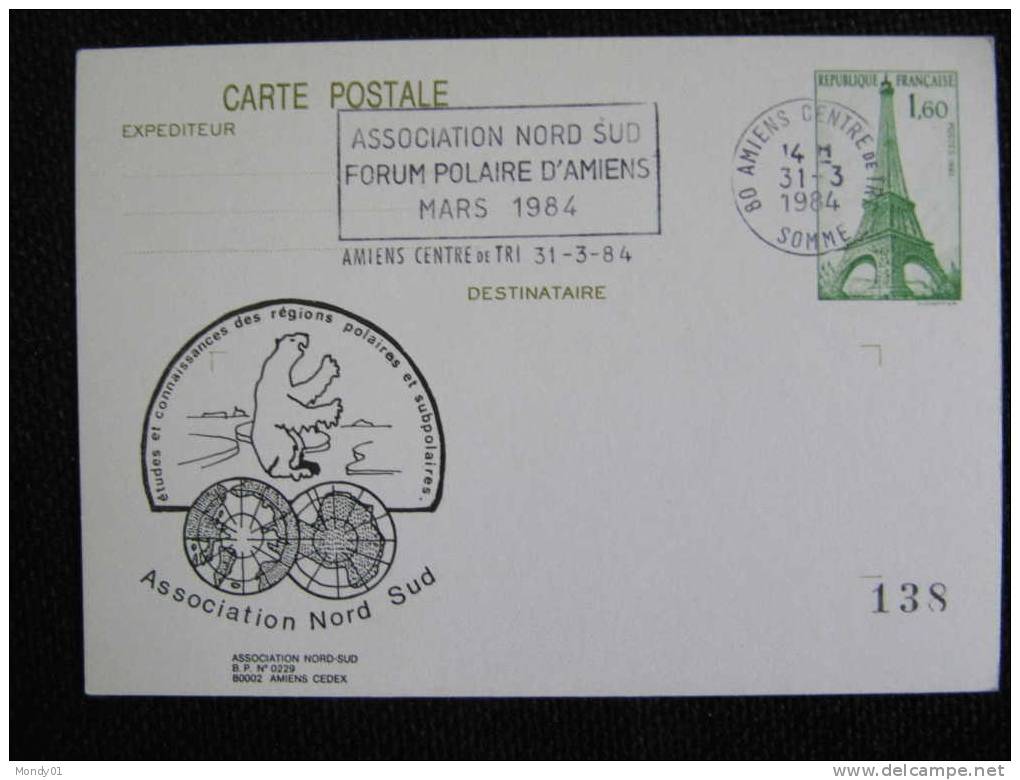 3020  Date Rare Flamme Greve Poste Ours Blanc Polaire Polar Bear 1984 Entier Postal Amiens Flamme Manchot Phoque Cocteau - Other & Unclassified