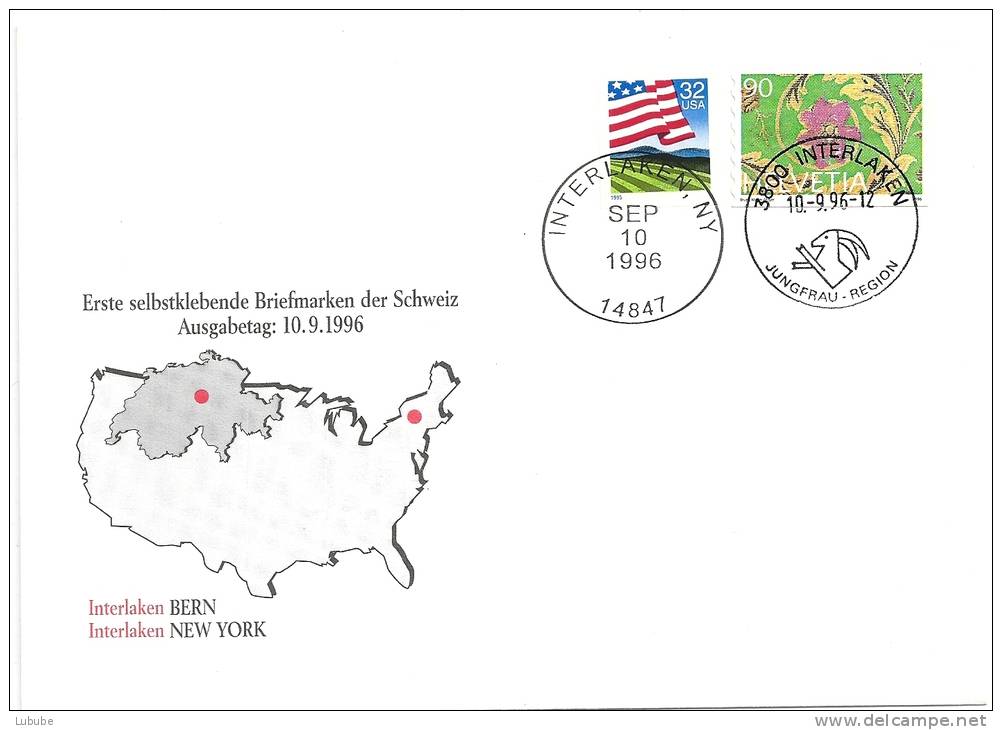 ET-Sonderbrief  "Selbstklebende Briefmarke"  Interlaken USA / CH       1996 - Briefe U. Dokumente