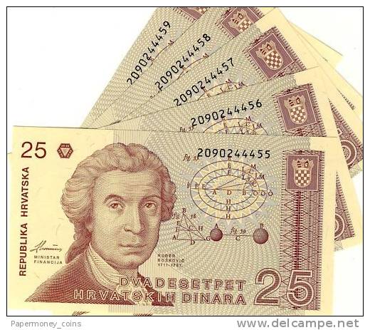 ONE PIECE CROATIA 25 DINARA / DINAR / DINARS 1991 P19b INVERTED 5 WATERMARK ERROR- CATALOG VALUE $ 35 - Kroatien