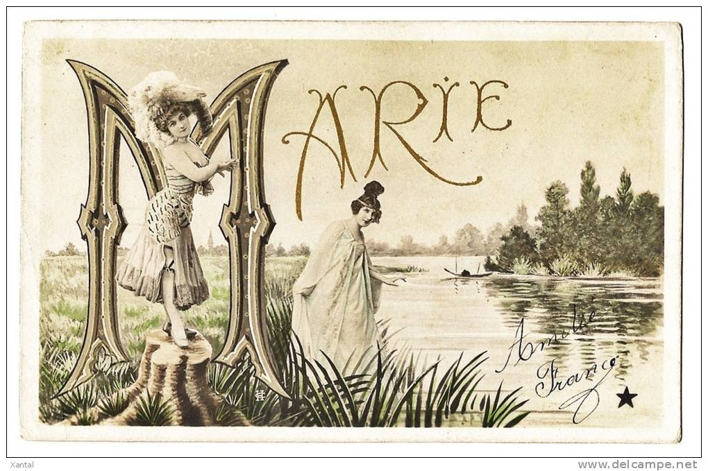 Marie  ( Prénom Avec M En Lettrine ) - Belles Jeunes Femmes Près D'une Rivière - Dos écrit / Timbré En 1905 - Prénoms