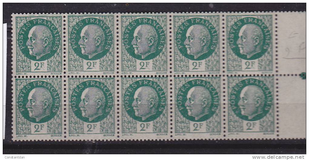 FRANCE N° 518 2F VERT TYPE BERSIER 2 QUEUE LONGUE  BLOC DE 10 NEUF SANS CHARNIERE - Unused Stamps