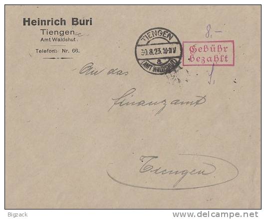 DR Brief Gebühr Bezahlt Tiengen 30.8.23 - Storia Postale